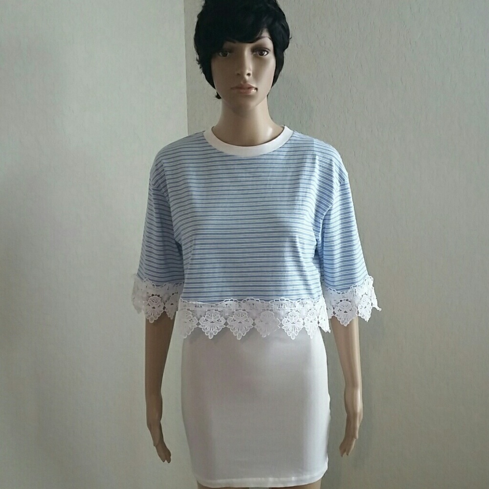 TOPSHOP lace trim  blue white stripe crop top size 4  NWT - Picture 3 of 8